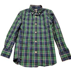 Crewcuts Boys Button Down Shirt 4-5 Green Blue Plaid Long Sleeve